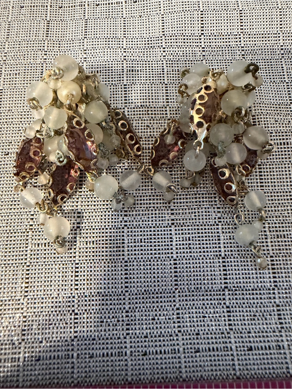 Vintage 1950’s Cluster Drop Earrings with Frosted White Beads and Gold Accents